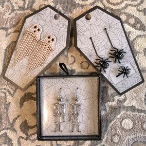 3 Pairs of Earrings: Dangling Ghosts, Dancing Skeletons, Dangling Spiders + Ring